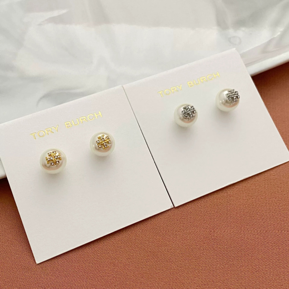 Tory Burch Rhinestone Letter Pearl Stud Earrings